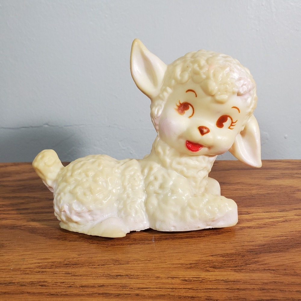 Vintage Rubber Lamb Squeaky Baby Toy White Decor Darling Sheep Laying Down